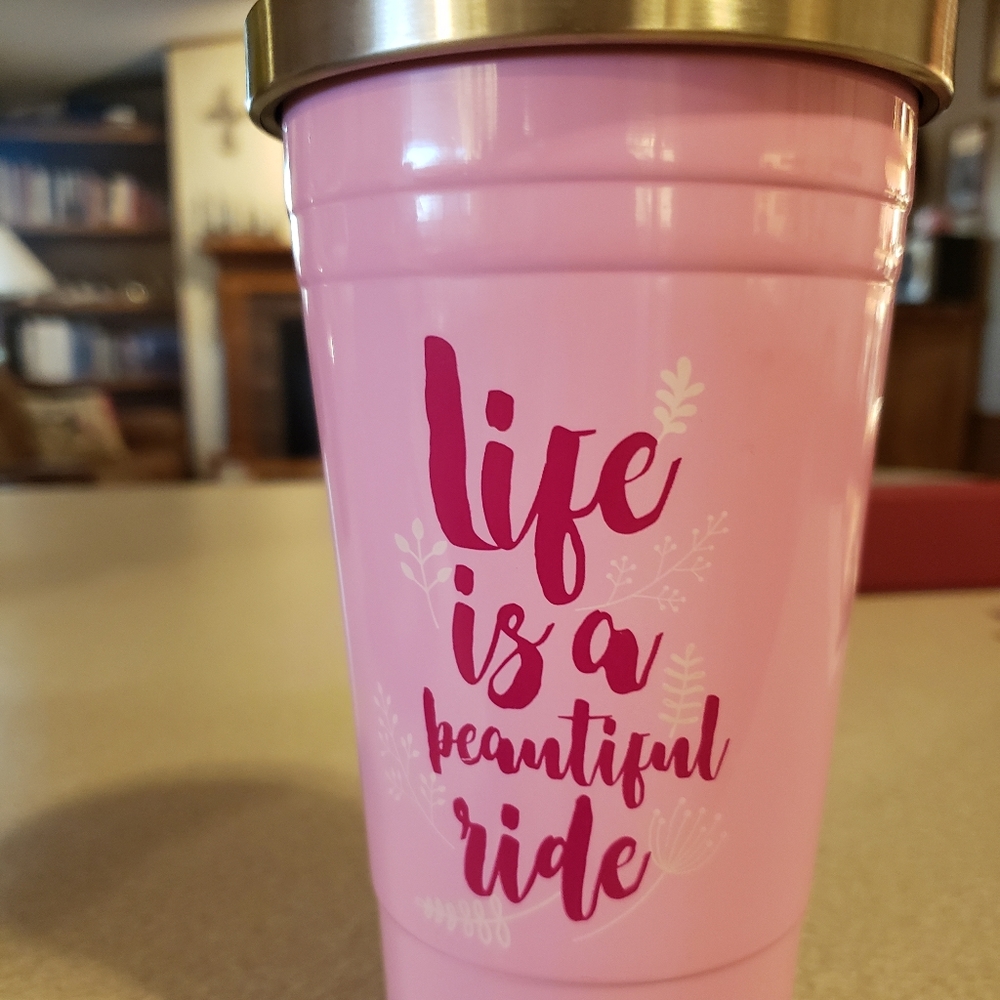 Cute, pink, "life is a beautiful ride" insulated drinking cup
